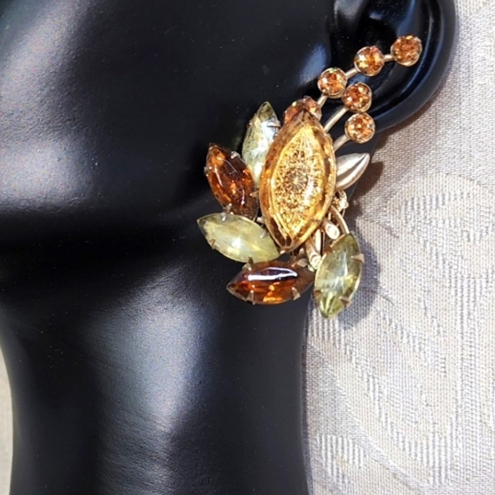 JUDY LEE Vintage 50s Brooch & Clip-On Earrings Set Gold Leaf Aurora Rhinestones